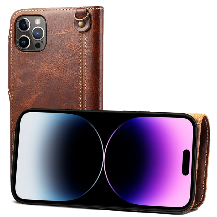 Denior Oil Wax Cowhide Magnetic Button Genuine Leather Case, For iPhone 14 Pro Max, For iPhone 14 Pro, For iPhone 14, For iPhone 14 Plus, For iPhone 13 Pro Max, For iPhone 13 Pro
