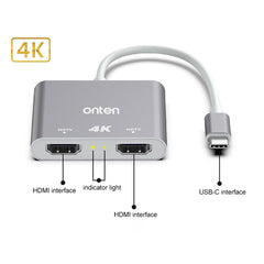 Onten OTN-9175B 4K USB-C / Type-C to Dual HDMI Output Converter, OTN-9175B