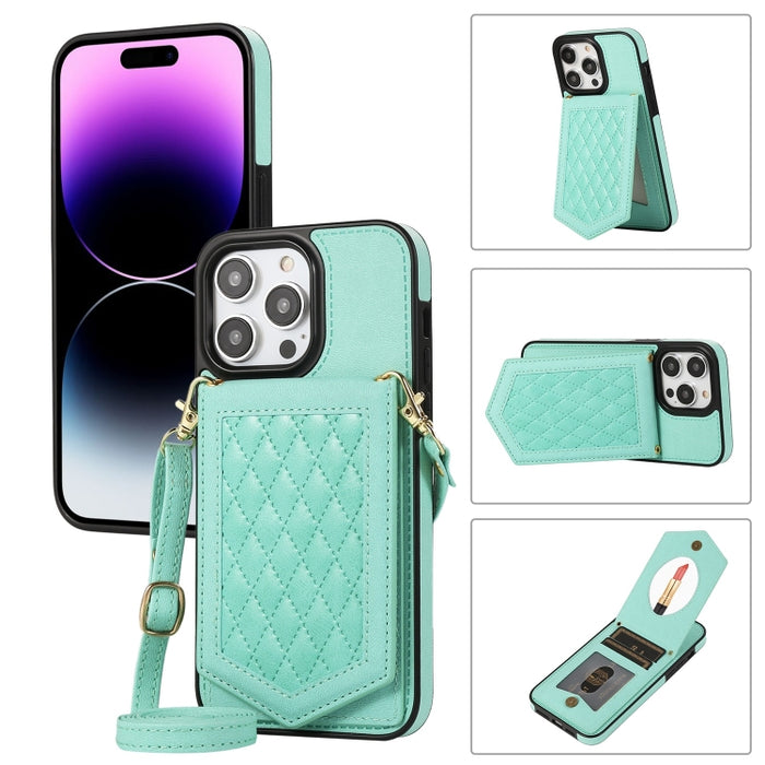 Rhombic Texture RFID Phone Case with Lanyard & Mirror, For iPhone 14 Pro Max, For iPhone 14 Pro, For iPhone 14, For iPhone 14 Plus