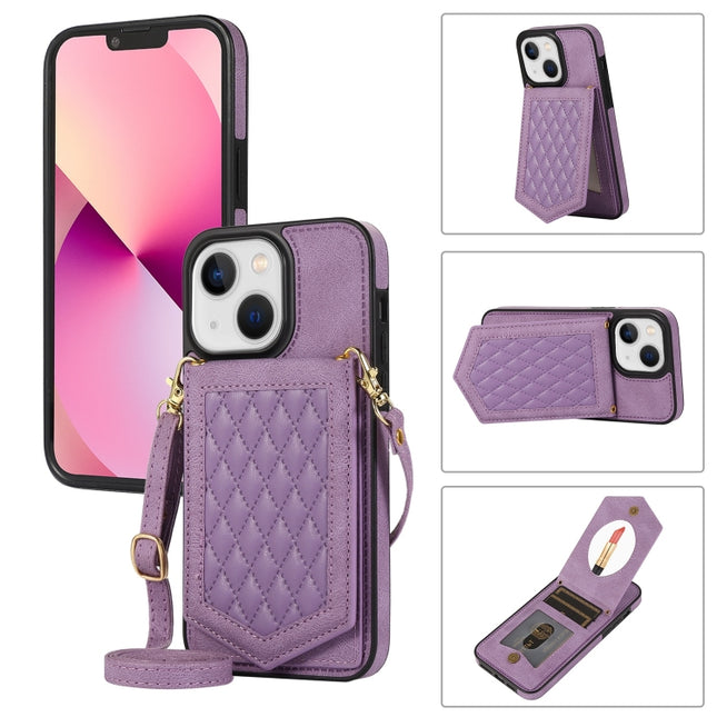 Rhombic Texture RFID Phone Case with Lanyard & Mirror, For iPhone 13 Pro Max, For iPhone 13 Pro, For iPhone 13, For iPhone 13 mini