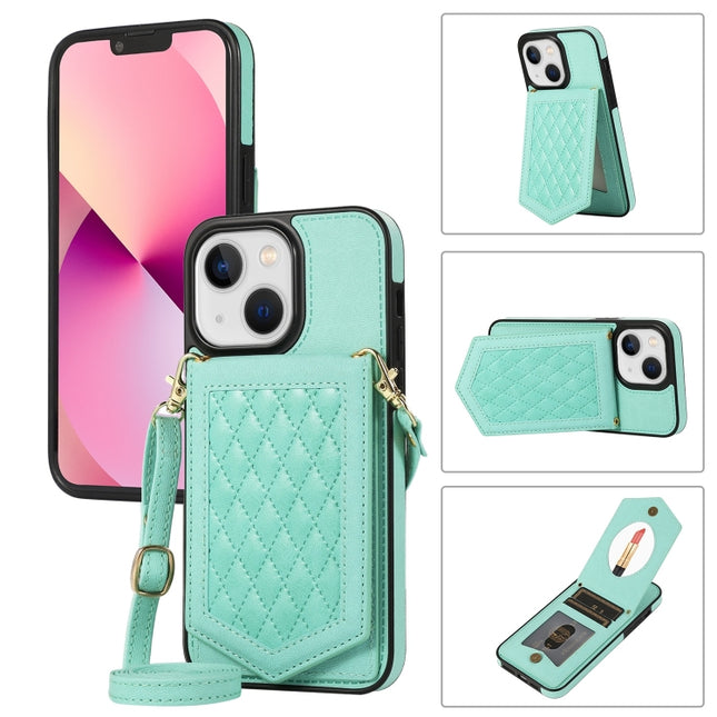 Rhombic Texture RFID Phone Case with Lanyard & Mirror, For iPhone 13 Pro Max, For iPhone 13 Pro, For iPhone 13, For iPhone 13 mini