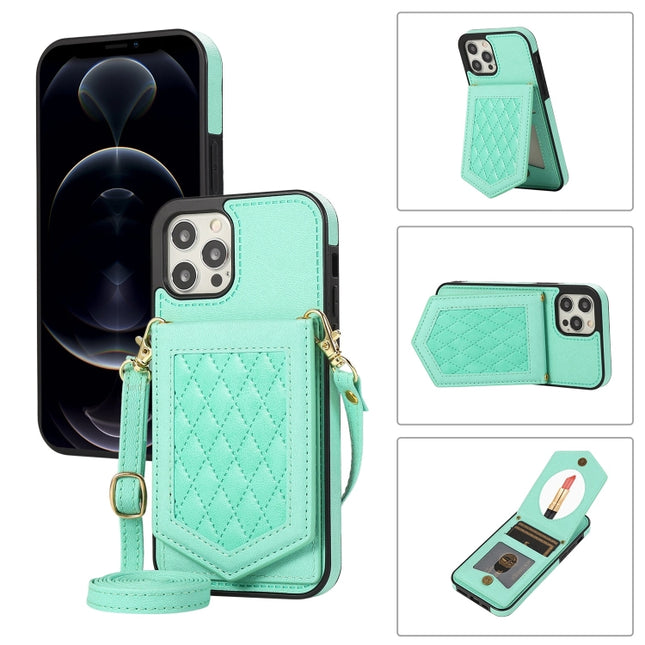 Rhombic Texture RFID Phone Case with Lanyard & Mirror, For iPhone 12 Pro Max, For iPhone 12 / 12 Pro, For iPhone 12 mini, For iPhone 11 Pro Max