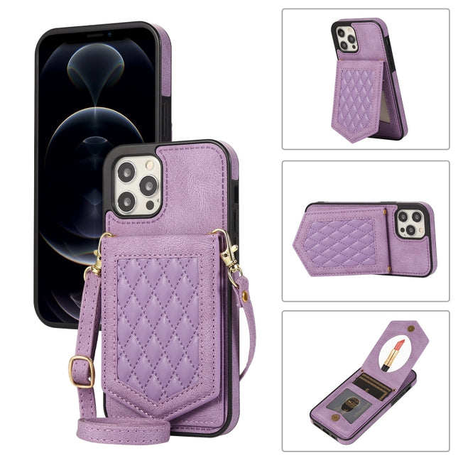 Rhombic Texture RFID Phone Case with Lanyard & Mirror, For iPhone 12 Pro Max, For iPhone 12 / 12 Pro, For iPhone 12 mini, For iPhone 11 Pro Max