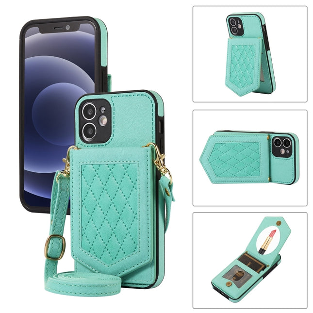 Rhombic Texture RFID Phone Case with Lanyard & Mirror, For iPhone 12 Pro Max, For iPhone 12 / 12 Pro, For iPhone 12 mini, For iPhone 11 Pro Max