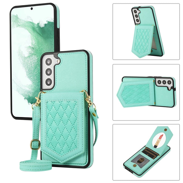 Rhombic Texture RFID Phone Case with Lanyard & Mirror, For Samsung Galaxy S21 FE 5G, For Samsung Galaxy S22 Ultra 5G