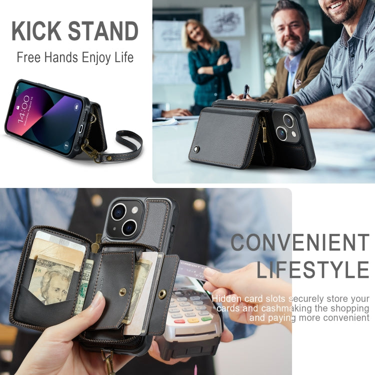 JEEHOOD C22 Series Zipper Wallet Leather Phone Case with Dual Lanyard, For iPhone 13, For iPhone 13 Pro, For iPhone 13 Pro Max, For iPhone 12