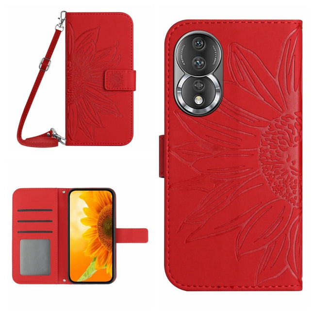 HT04 Skin Feel Sun Flower Embossed Flip Leather Phone Case with Lanyard, For Honor 80, For Honor 80 Pro