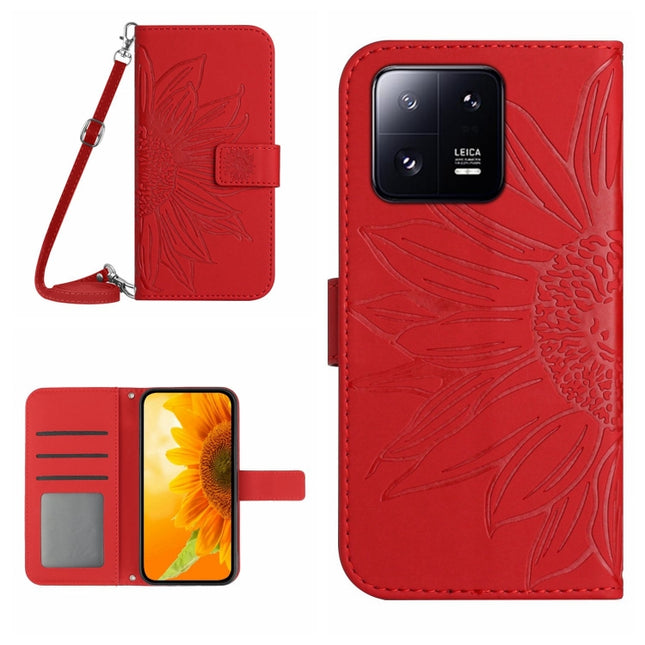 HT04 Skin Feel Sun Flower Embossed Flip Leather Phone Case with Lanyard, For Xiaomi 13, For Xiaomi 13 Pro