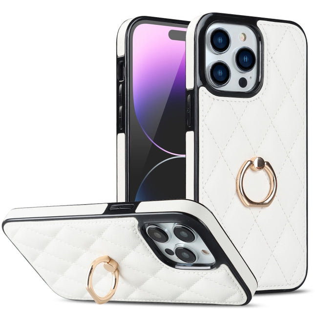 Rhombic PU Leather Phone Case with Ring Holder, For iPhone 14 Pro Max, For iPhone 13 mini, For iPhone 13