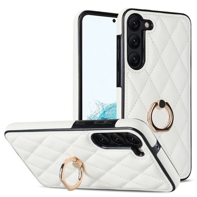 Rhombic PU Leather Phone Case with Ring Holder, For Samsung Galaxy S23 5G, For Samsung Galaxy S23+ 5G, For Samsung Galaxy S23 Ultra 5G