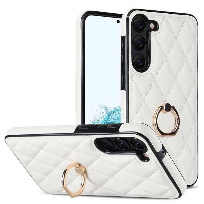 Rhombic PU Leather Phone Case with Ring Holder, For Samsung Galaxy S23 5G, For Samsung Galaxy S23+ 5G, For Samsung Galaxy S23 Ultra 5G