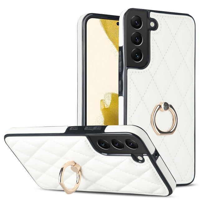Rhombic PU Leather Phone Case with Ring Holder, For Samsung Galaxy S22 5G, For Samsung Galaxy S22+ 5G, For Samsung Galaxy S22 Ultra 5G