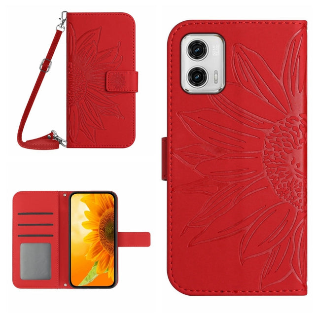 HT04 Skin Feel Sun Flower Embossed Flip Leather Phone Case with Lanyard, For Motorola Moto G73 5G, For OPPO A58 5G/A78 5G