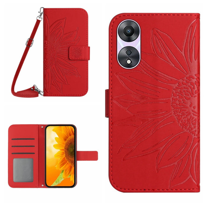 HT04 Skin Feel Sun Flower Embossed Flip Leather Phone Case with Lanyard, For OPPO Reno8 T 4G, For TCL 40 SE