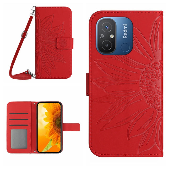 HT04 Skin Feel Sun Flower Embossed Flip Leather Phone Case with Lanyard, For Xiaomi Redmi 11A 4G