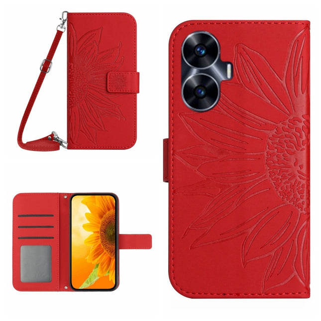Skin Feel Sun Flower Embossed Flip Leather Phone Case with Lanyard, For Realme C55, For Xiaomi Redmi Note 12 4G Global