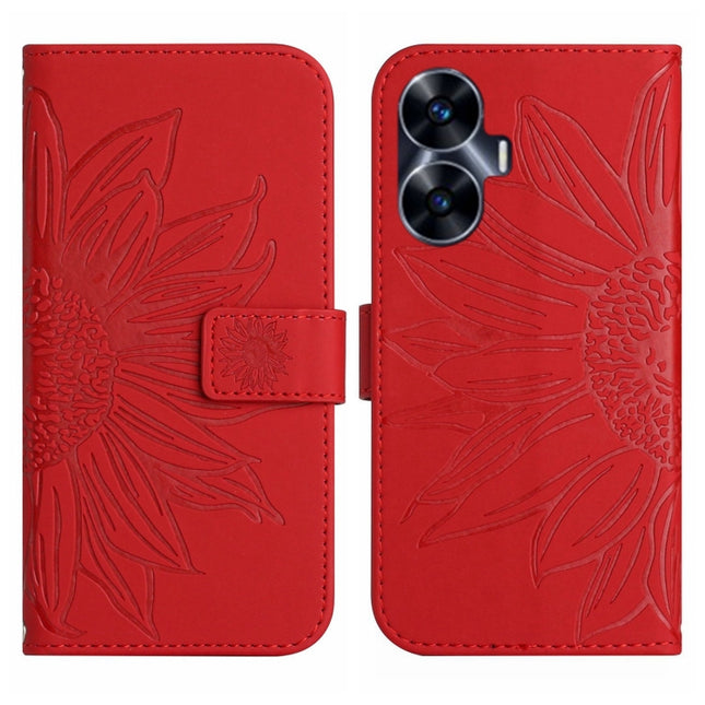 Skin Feel Sun Flower Embossed Flip Leather Phone Case with Lanyard, For Realme C55, For Xiaomi Redmi Note 12 4G Global
