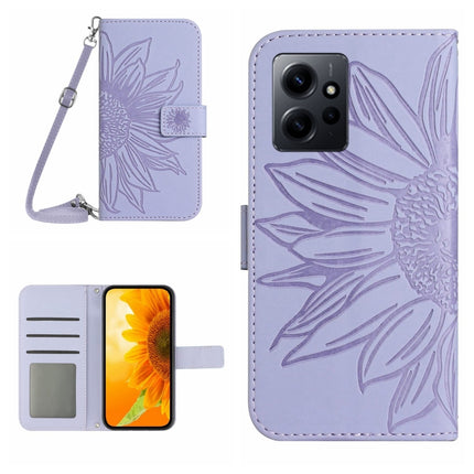 Skin Feel Sun Flower Embossed Flip Leather Phone Case with Lanyard, For Realme C55, For Xiaomi Redmi Note 12 4G Global