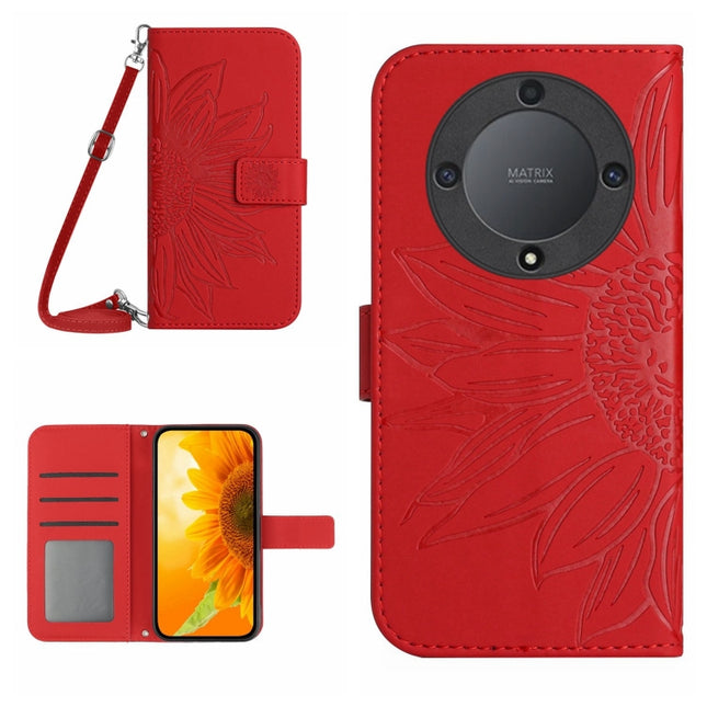 Skin Feel Sun Flower Embossed Flip Leather Phone Case with Lanyard, For Honor X9a 5G / Magic5 Lite, For Honor X5 4G