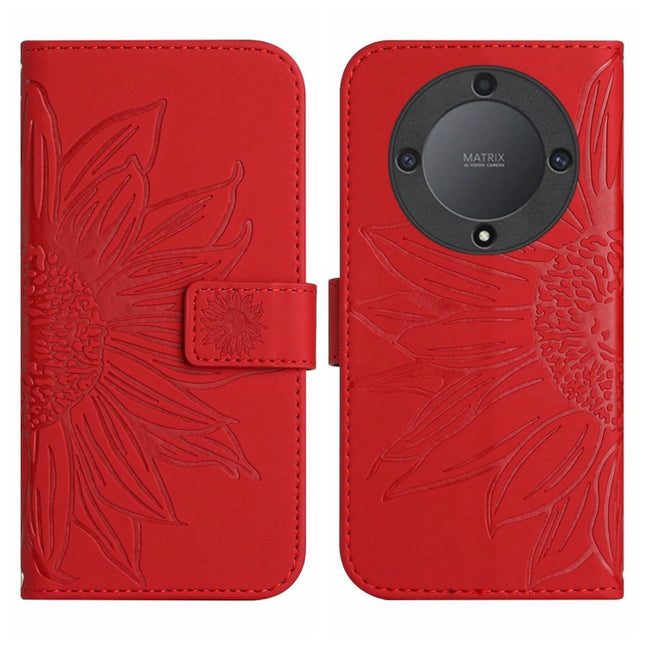 Skin Feel Sun Flower Embossed Flip Leather Phone Case with Lanyard, For Honor X9a 5G / Magic5 Lite, For Honor X5 4G