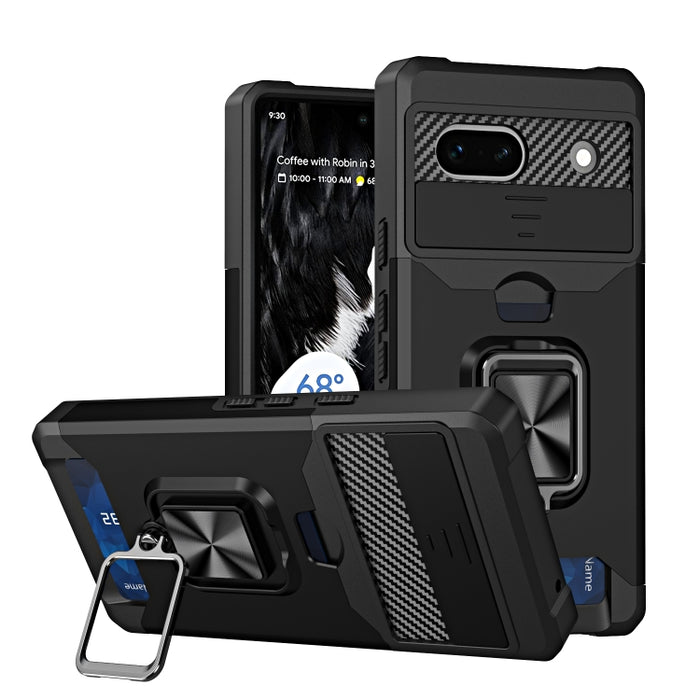 Camera Shield Card Slot Phone Case with Ring Holder, For Google Pixel 7a
