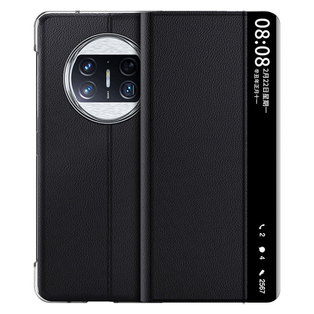 Plain Magnetic Phone Case with Smart View Window & Holder, For Huawei Mate X3