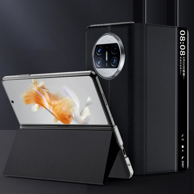 Plain Magnetic Phone Case with Smart View Window & Holder, For Huawei Mate X3