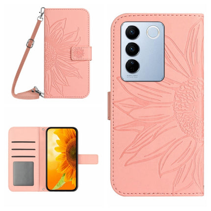 HT04 Skin Feel Sun Flower Embossed Flip Leather Phone Case with Lanyard, For vivo V27, For Samsung Galaxy F14 5G Global