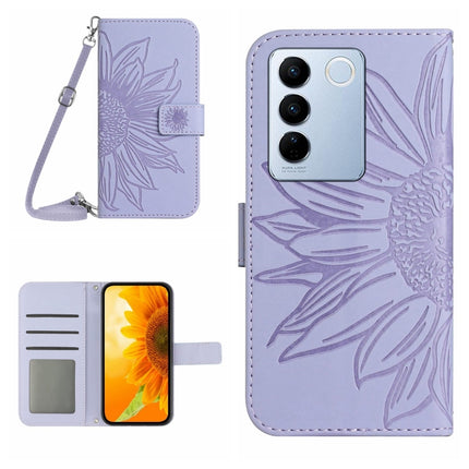HT04 Skin Feel Sun Flower Embossed Flip Leather Phone Case with Lanyard, For vivo V27, For Samsung Galaxy F14 5G Global