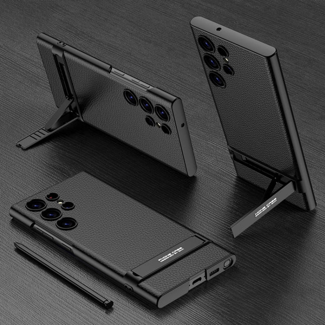 GKK Triumph Ultra-Thin Plain Leather Phone Case with Holder, For Samsung Galaxy S23 Ultra 5G