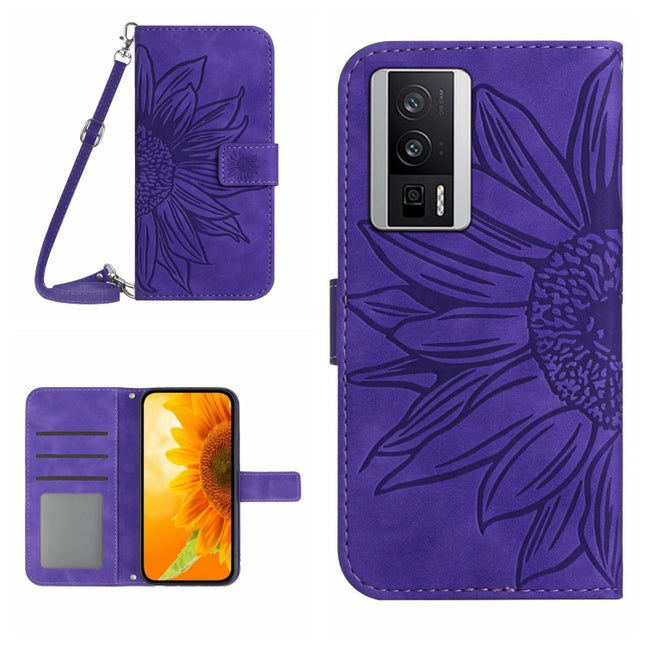 Skin Feel Sun Flower Embossed Flip Leather Phone Case with Lanyard