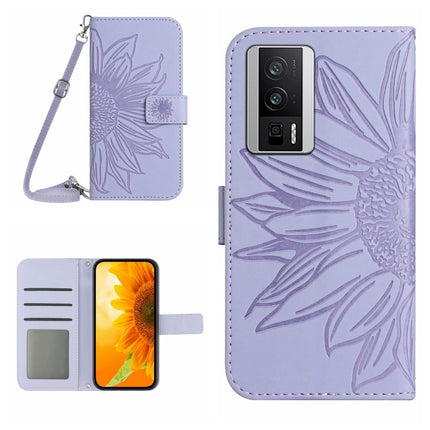 Skin Feel Sun Flower Embossed Flip Leather Phone Case with Lanyard, For Xiaomi Poco F5 Pro, For Xiaomi Redmi Note 12S