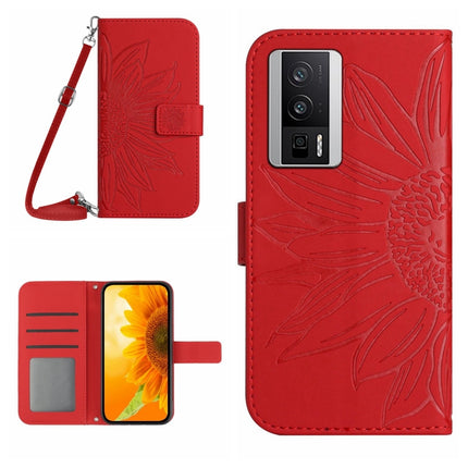 Skin Feel Sun Flower Embossed Flip Leather Phone Case with Lanyard, For Xiaomi Poco F5 Pro, For Xiaomi Redmi Note 12S