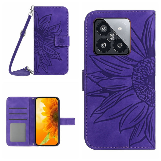 Skin Feel Sun Flower Embossed Flip Leather Phone Case with Lanyard, For Xiaomi 14, For Xiaomi Redmi 13C 4G