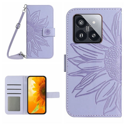 Skin Feel Sun Flower Embossed Flip Leather Phone Case with Lanyard, For Xiaomi 14 Ultra, For Xiaomi 14 Pro