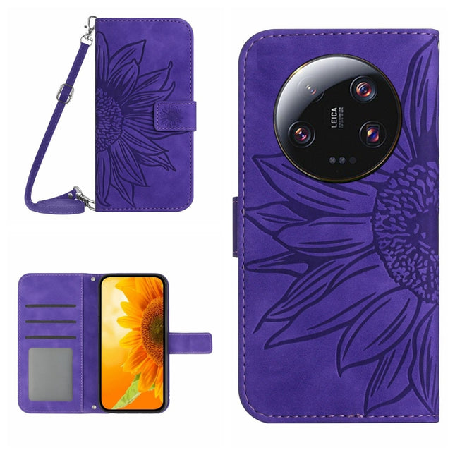 Skin Feel Sun Flower Embossed Flip Leather Phone Case with Lanyard, For Xiaomi 14 Ultra, For Xiaomi 14 Pro