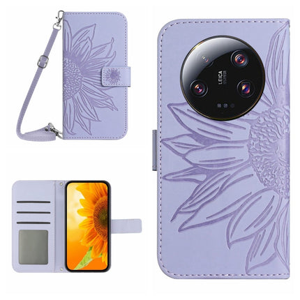 Skin Feel Sun Flower Embossed Flip Leather Phone Case with Lanyard, For Xiaomi 14 Ultra, For Xiaomi 14 Pro