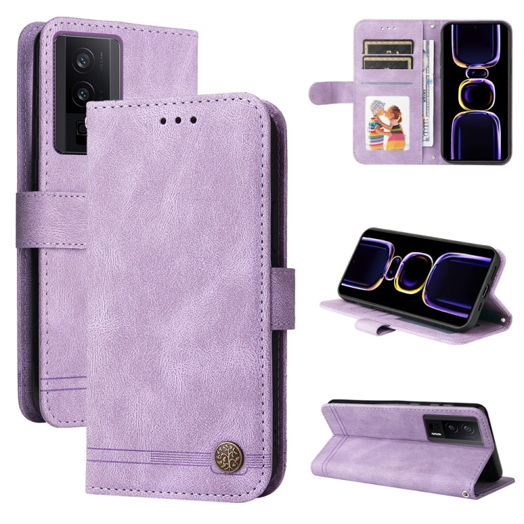 Skin Feel Life Tree Metal Button Leather Phone Case
