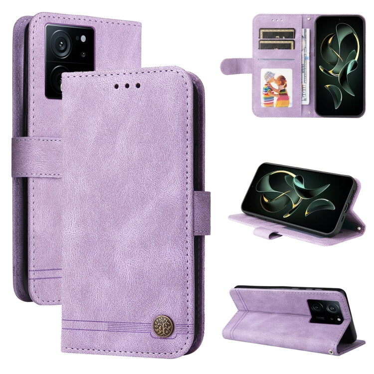 Skin Feel Life Tree Metal Button Leather Phone Case