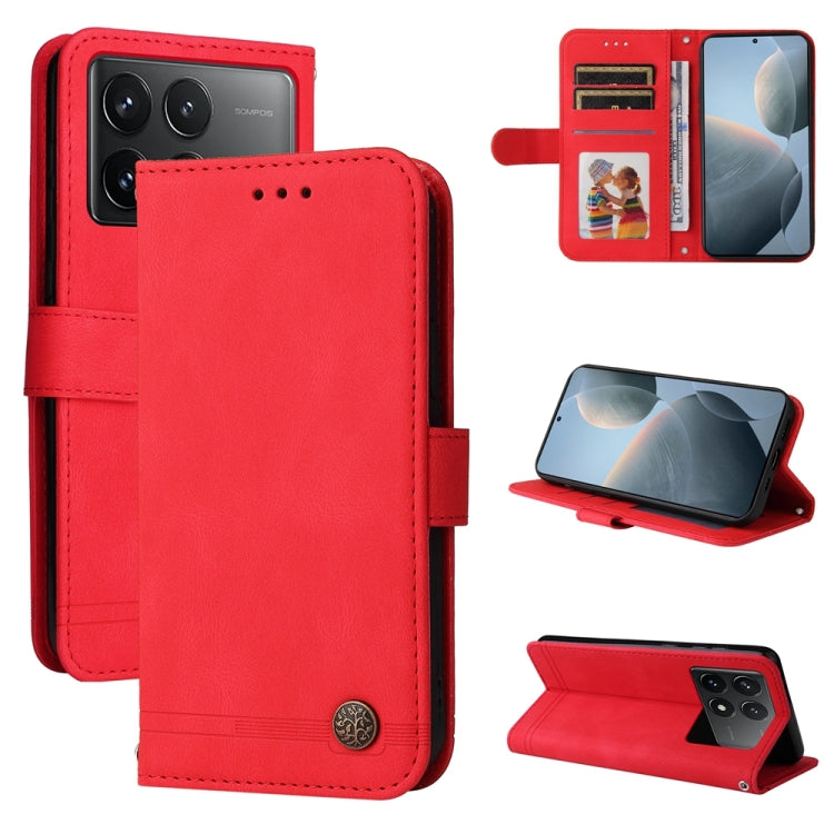 Skin Feel Life Tree Metal Button Leather Phone Case