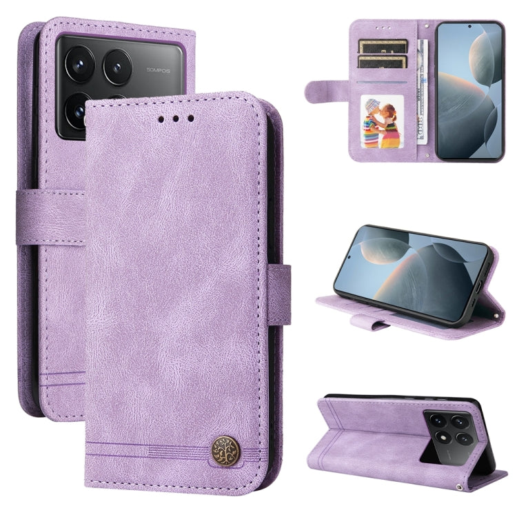 Skin Feel Life Tree Metal Button Leather Phone Case