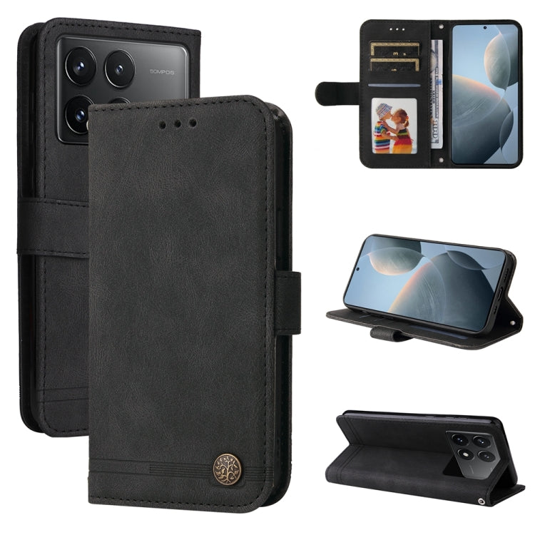 Skin Feel Life Tree Metal Button Leather Phone Case