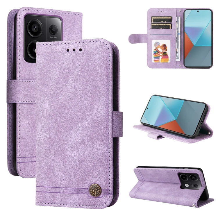 Skin Feel Life Tree Metal Button Leather Phone Case