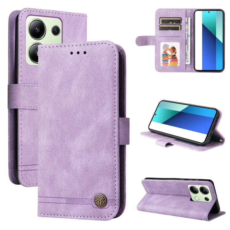 Skin Feel Life Tree Metal Button Leather Phone Case