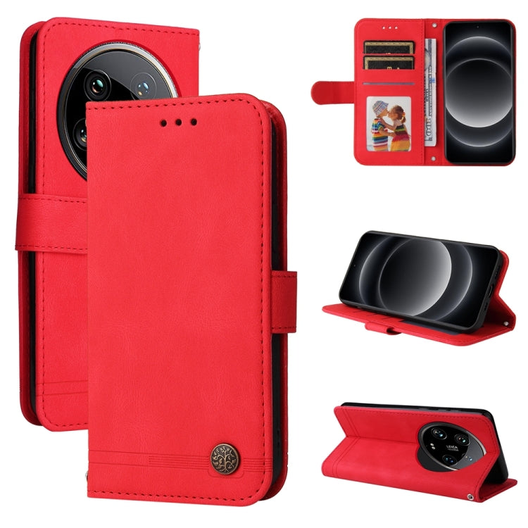Skin Feel Life Tree Metal Button Leather Phone Case