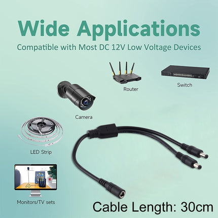 5.5 x 2.1mm Female to Male Plug DC Power Splitter Adapter Power Cable, 30cm, 70cm