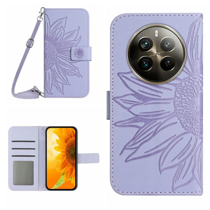 Skin Feel Sun Flower Embossed Flip Leather Phone Case with Lanyard, For Realme 12+ Global, For Realme 12 Pro/12 Pro+ Global