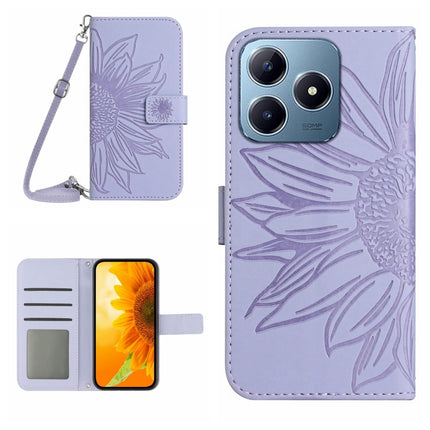 Skin Feel Sun Flower Embossed Flip Leather Phone Case with Lanyard, For Realme C63 4G Global/ C61, For Realme 12 5G Global