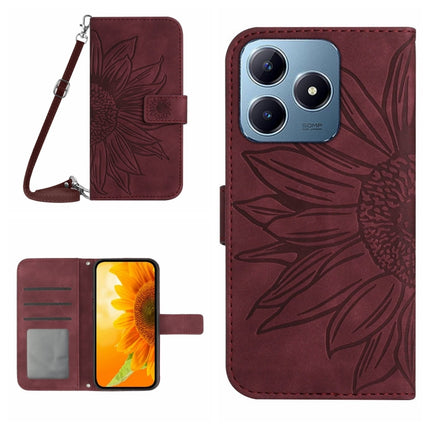 Skin Feel Sun Flower Embossed Flip Leather Phone Case with Lanyard, For Realme C63 4G Global/ C61, For Realme 12 5G Global