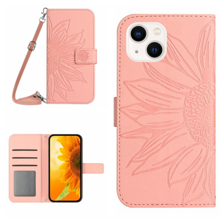 Skin Feel Sun Flower Embossed Flip Leather Phone Case with Lanyard
